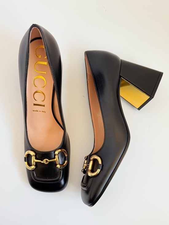 Gucci Shoes - Gucci Malaga Kid Leather baby Horsebit Pumps Black Gold Block Heel EU 39 New